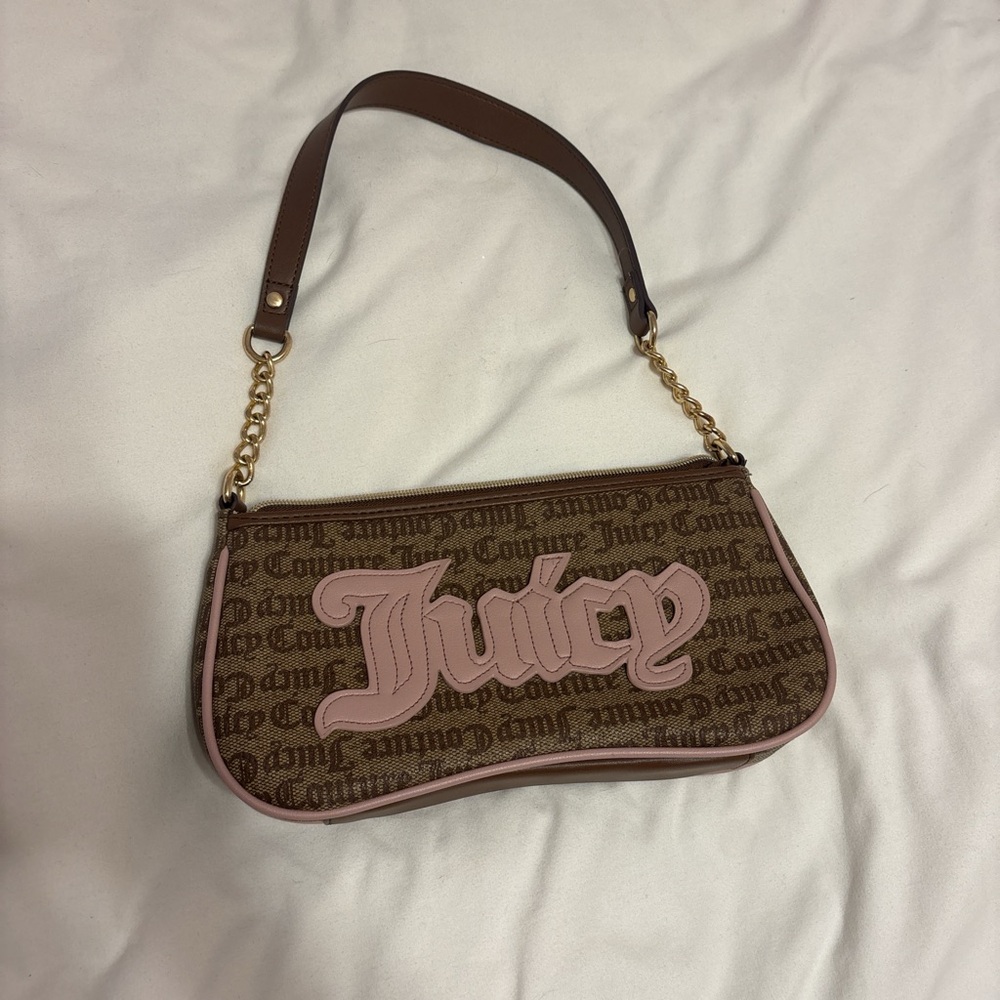 Juicy Couture Brown and Pink Shoulder Bag with Monogram Print